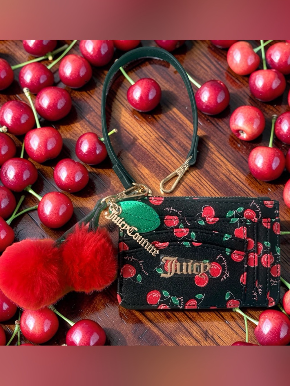 Juicy Couture Black Cherry Print Cardholder with Red Pom Pom Charm 🍒